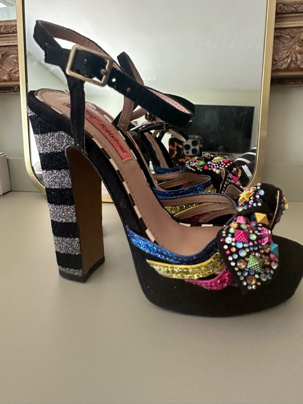 Betsey Johnson Black Multicolor Embellished Platform Festival Rave Heels